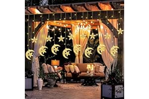 Ramadan Decorations Moon Star String Lights, Window Curtain Fairy String Lights Plug in, 8 Lighting Modes Warm White Hanging 