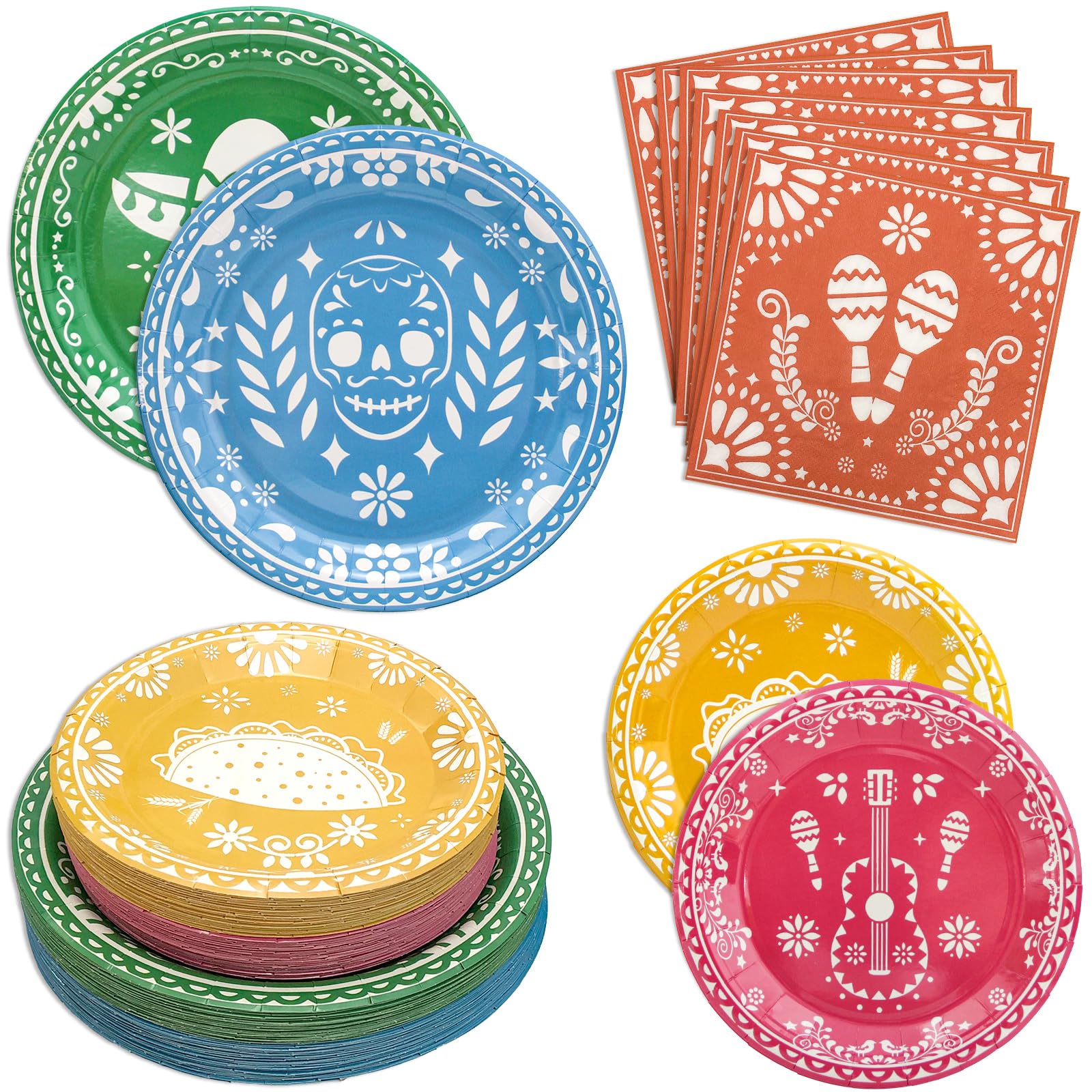 Photo 1 of 180PCS Mexican Fiesta Party Supplies Serve 60, Cinco De Mayo Party Paper Plates and Napkins Kit for Mexican Fiesta Taco Birthday Party Decorations, Includes Dinner Plates, Dessert Plates, Napkins