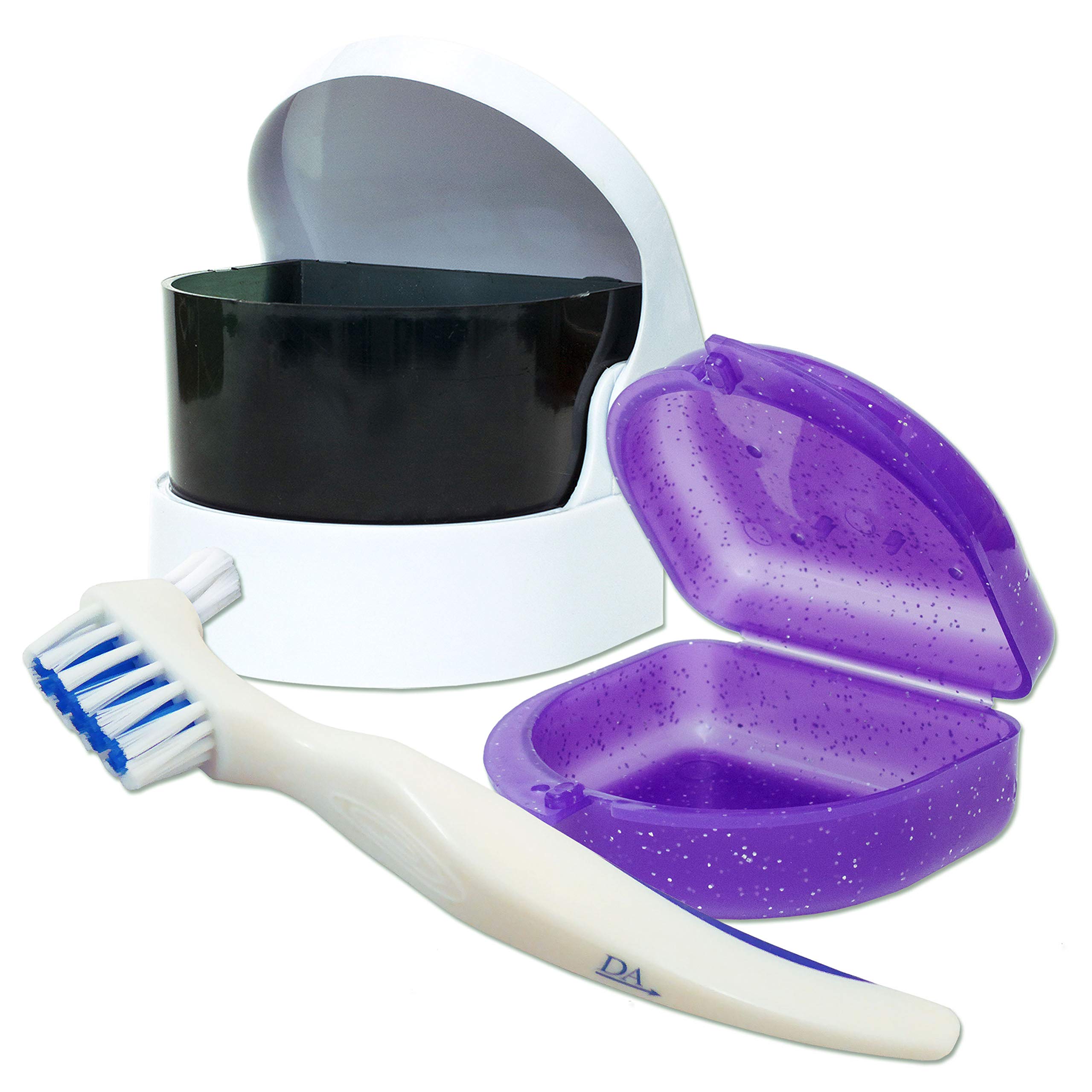 Sonic Cleaner, Retainer Case and Brush ~ Storage Case and Container for Soaking and Cleaning Ortho Retainers, Dentures and More... (Glitter Purple)