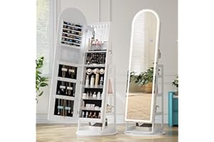 360° Swivel Jewelry Mirror Cabinet with Lights Mirror, Standing Jewelry Armoire Cabinet with Interior Mirror, Full-Length Mir