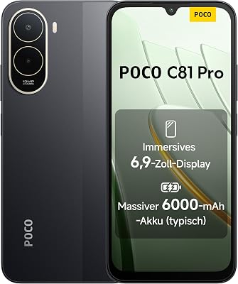 Poco C81 Pro Smartphone, 4 GB + 256 GB, Handy, 6000 mAh Akku, 120 Hz Bildschirm, 6,9 Zoll Display, 13 MP AI-Doppelkamera, schwarz, zusätzliche 1 Jahr Garantie