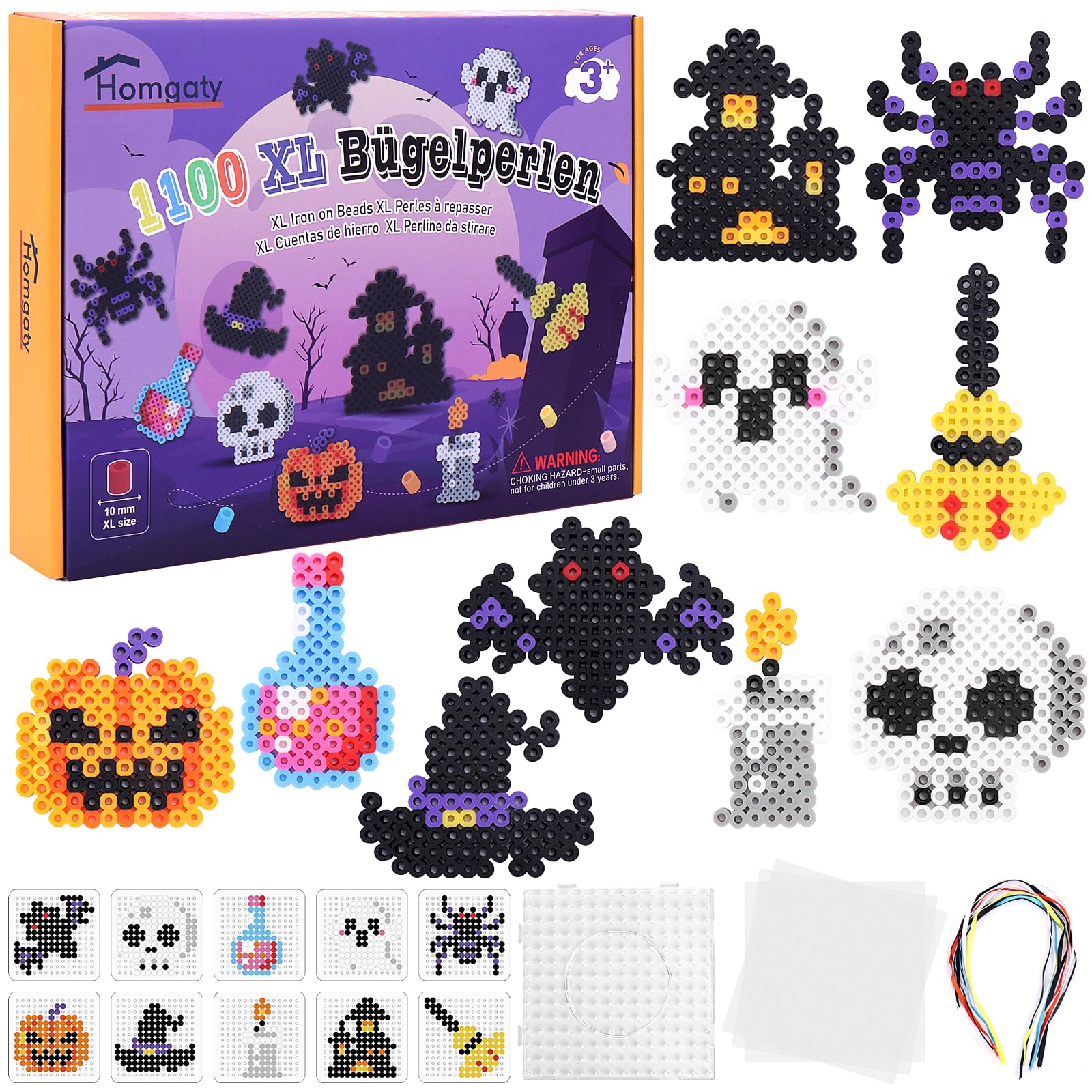 Homgaty Fuse Beads Kit - Halloween Fuse Beads Boards Set with 10 Templates (Pumpkin, Witch Hat, Ghost) | 1100+ 10mm XL Fuse Beads for Beginners, Ironing Paper, Ribbons and Pegboards — image 1