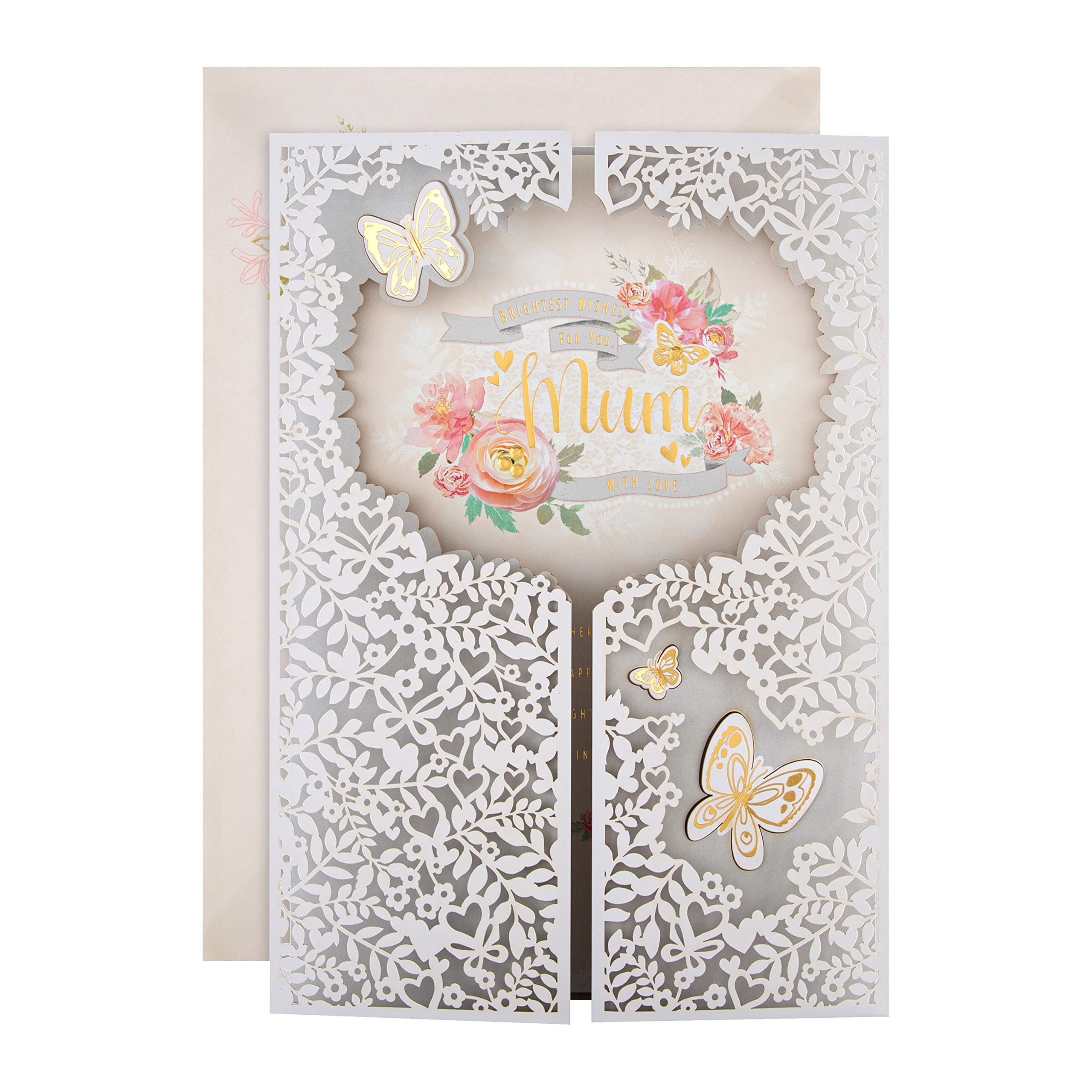 Hallmark Mothers Day Card for Mum, Laser Cut Design with Long Verse, Butterflies & Florals, White, Pink