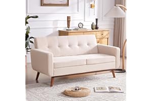 Tbfit Loveseat Sofa, 65" W Mid Century Modern Love Seat Couches for Living Room, Button Tufted Upholstered Small Sofa Couch for Bedroom, Oatmeal