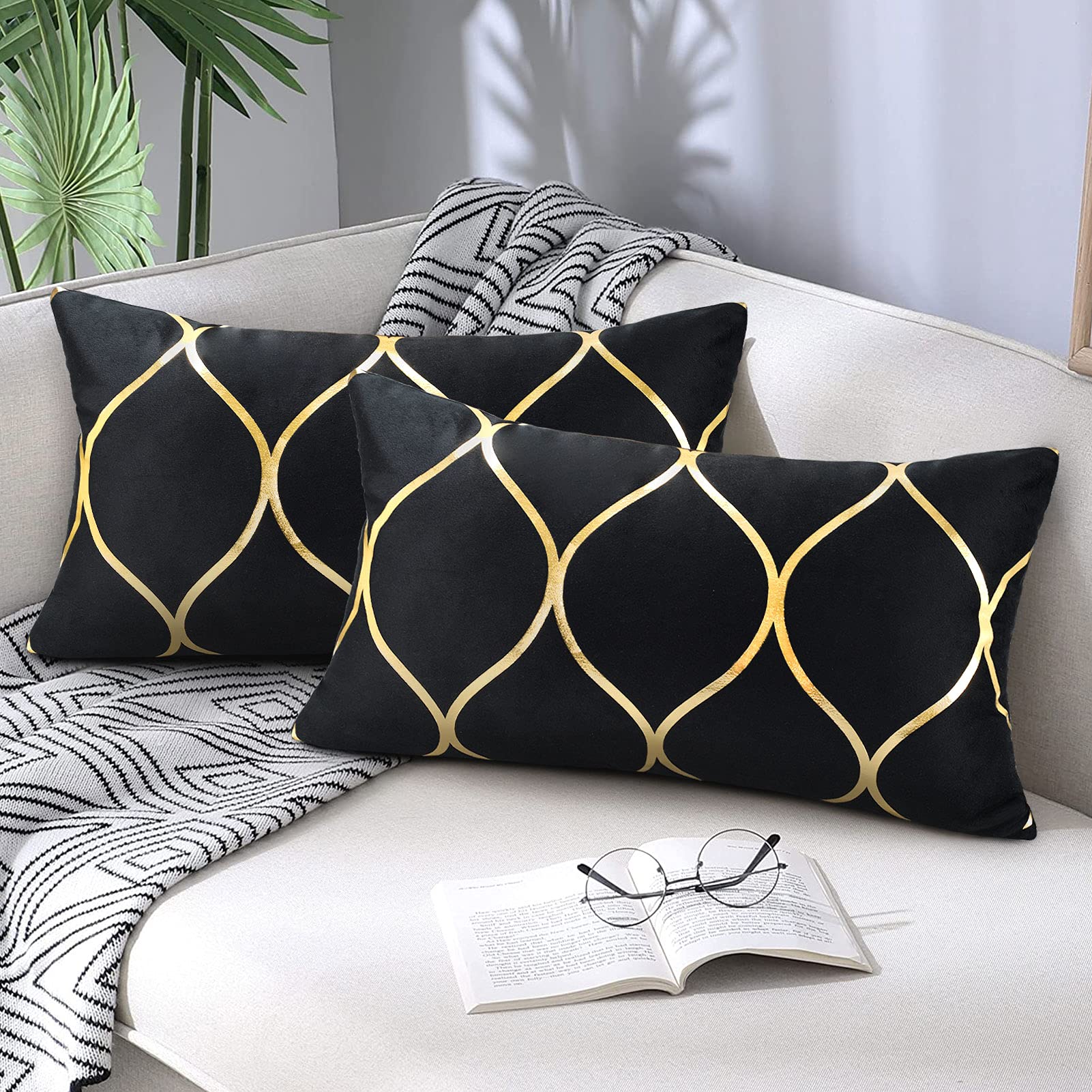 Hanrunsi Cushion Covers Black 12 x 20 inch Set of 2 Lumbar Throw Pillow Covers 30 x 50 with Gold Decorative Pillows for Living Room Couch Sofa