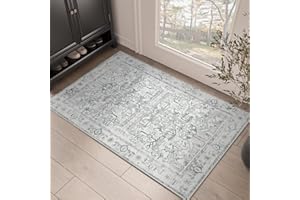 jinchan Area Rug 2x3 Entryway Rug - Washable Rug Non-Slip Indoor Door Mat Small Rug Ultra-Thin Accent Floral Print Indoor Mat for Kitchen Bathroom Bedroom Grey