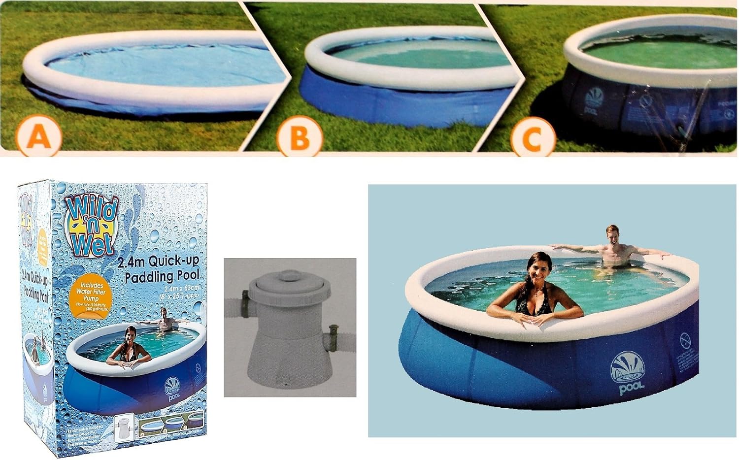 Wild 'N Wet 2.4m QuickUp Inflatable Paddling Pool Filter & Pump