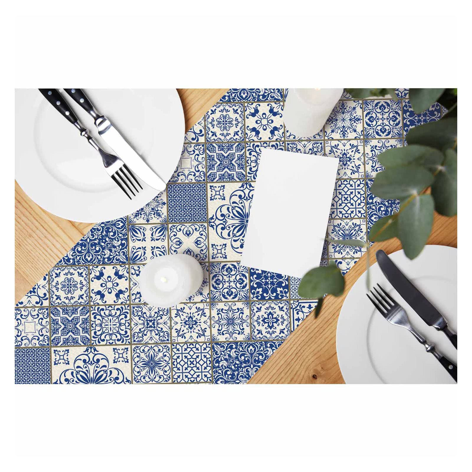 HOSNYE Table Runner Blue White Patchwork Tile in Spanish Style,Cotton Linen Table Runner Decoration for Kitchen Family Dinner Table Holiday Party Farmhouse Style 13 x 72 Inch