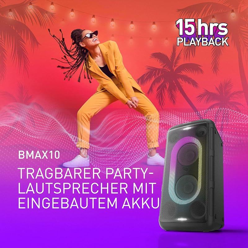 SC-BMAX10E-K Tragbarer Party-Lautsprecher mit Bluetooth, integrierter Beleuchtung, 150 W, USB, optischem Eingang für TV, Gitarren- & Mikrofoneingängen für Karaoke, Schwarz