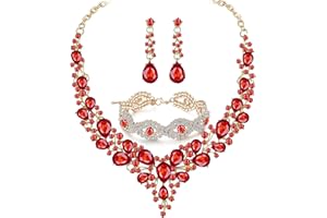 Paxuan Silver/Gold Plated Women Wedding Bridal Jewelry Set Prom Crystal Rhinestone Statement Choker Necklace Teardrop Earrings Link Bracelet Jewelry Sets for bride bridesmaid Wedding