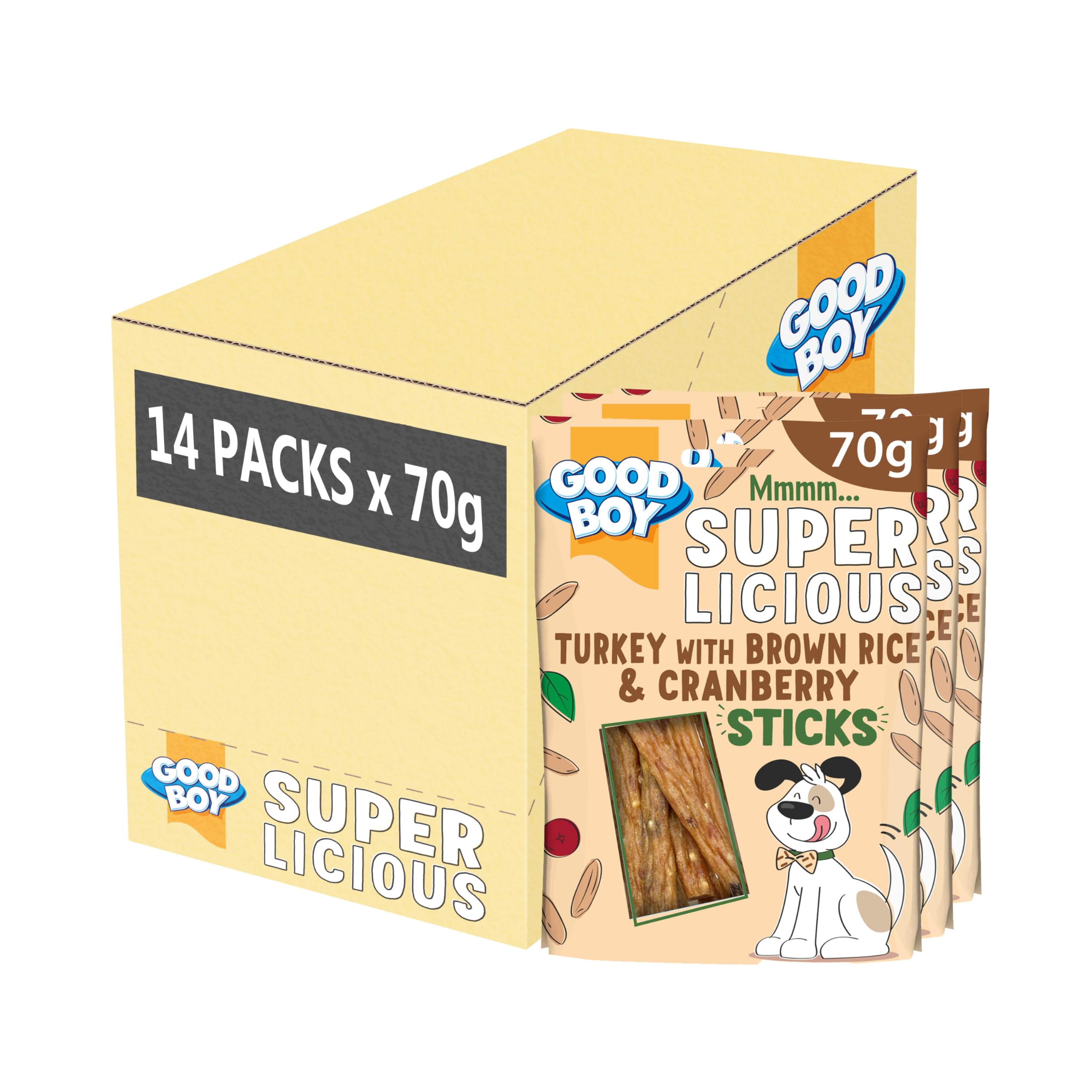 Good Boy Superlicious Turkey, Brown Rice & Cranberry Sticks - Natural Dog Treats - Low Fat Training Treats - Bulk Box - 14 x 70g