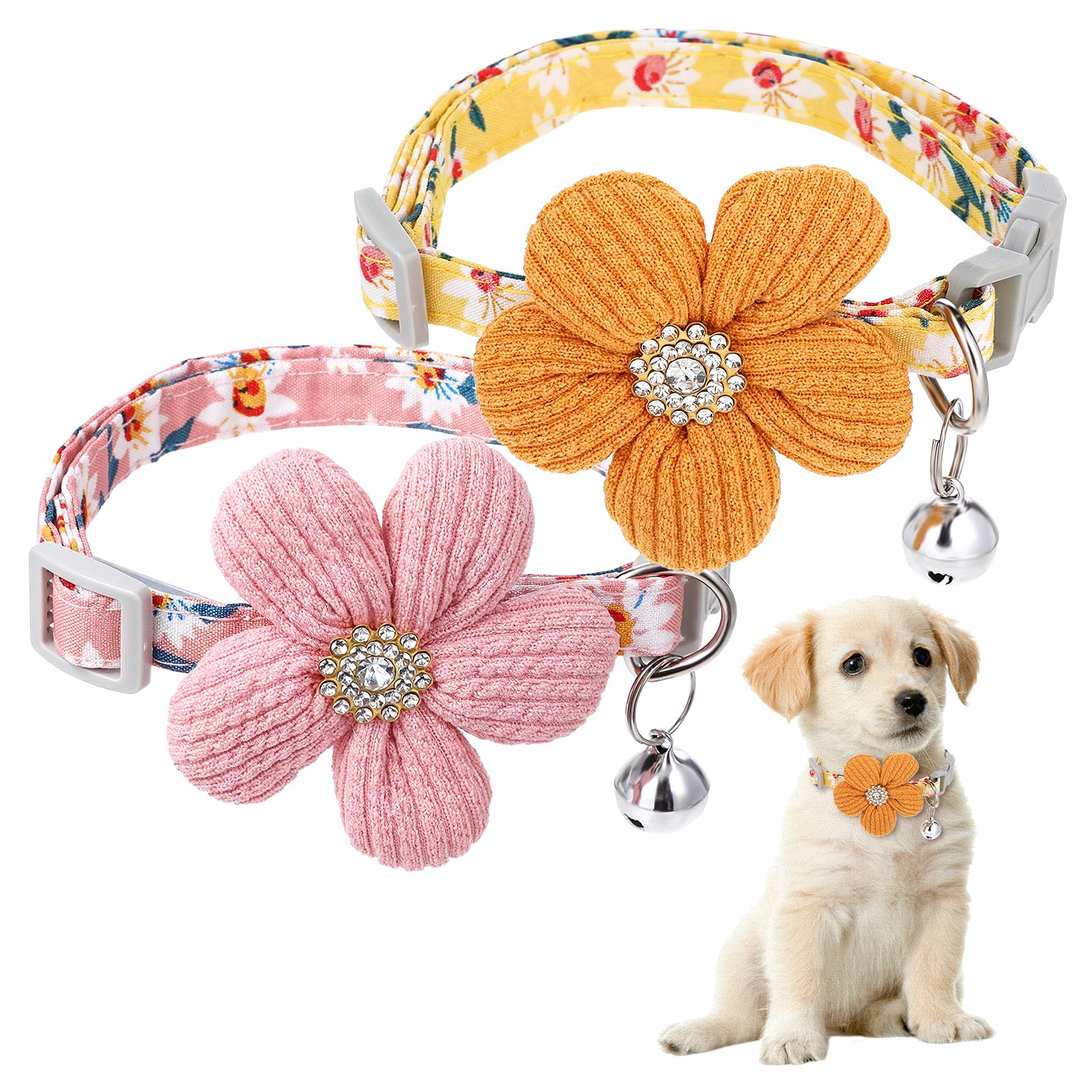 Photo 1 of 2Pcs Small Dog Collar with Flower Puppy Collar for Girl Dog Collars for Small Dogs Cute Unique Collars with Bell Distinctive Patterns Adjustable Length (Pink Yellow)