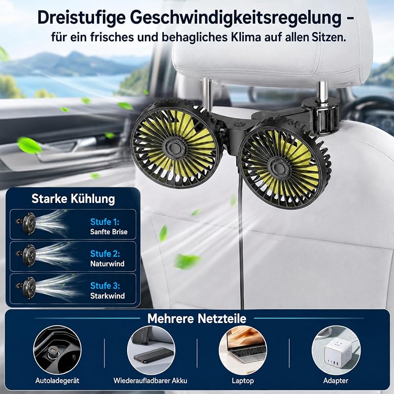 Z0BMIO Ventilatore per auto per sedile posteriore, 12 V, doppia testa, poggiatesta, ventilatore compatto da 12 V, con raffreddamento potente e silenzioso, ventilatore USB girevole a 360°, silenzioso