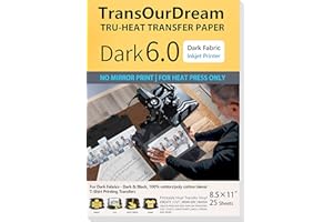 TransOurDream Iron on Heat Transfer Paper for Heat Press (25 Sheets, 8.5x11, Dark 6.0) Printable HTV Heat Transfer Vinyl for T Shirts,Inkjet Printer (TRANS-D6-20)