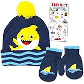 Baby Shark Hat and Mittens Set - Bundle with Beanie, Mittens, Stickers | Baby Shark Winter Gear Gifts for Boys, Girls, Kids