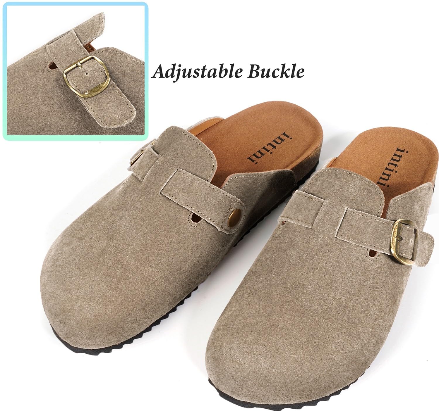 Intini Womens Suede Clogs Mens Genuine Leather Mules Cork Footbed Sandals with Arch Support