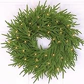 24" Lighted Large Christmas Norfolk Pine Wreath with 50 Warm White Lights, 8 Modes, Timer, Real Touch 85 Branch Tips, Battery Operated Christmas Door Wreath for Wall Window Home Indoor Outdoor Decor