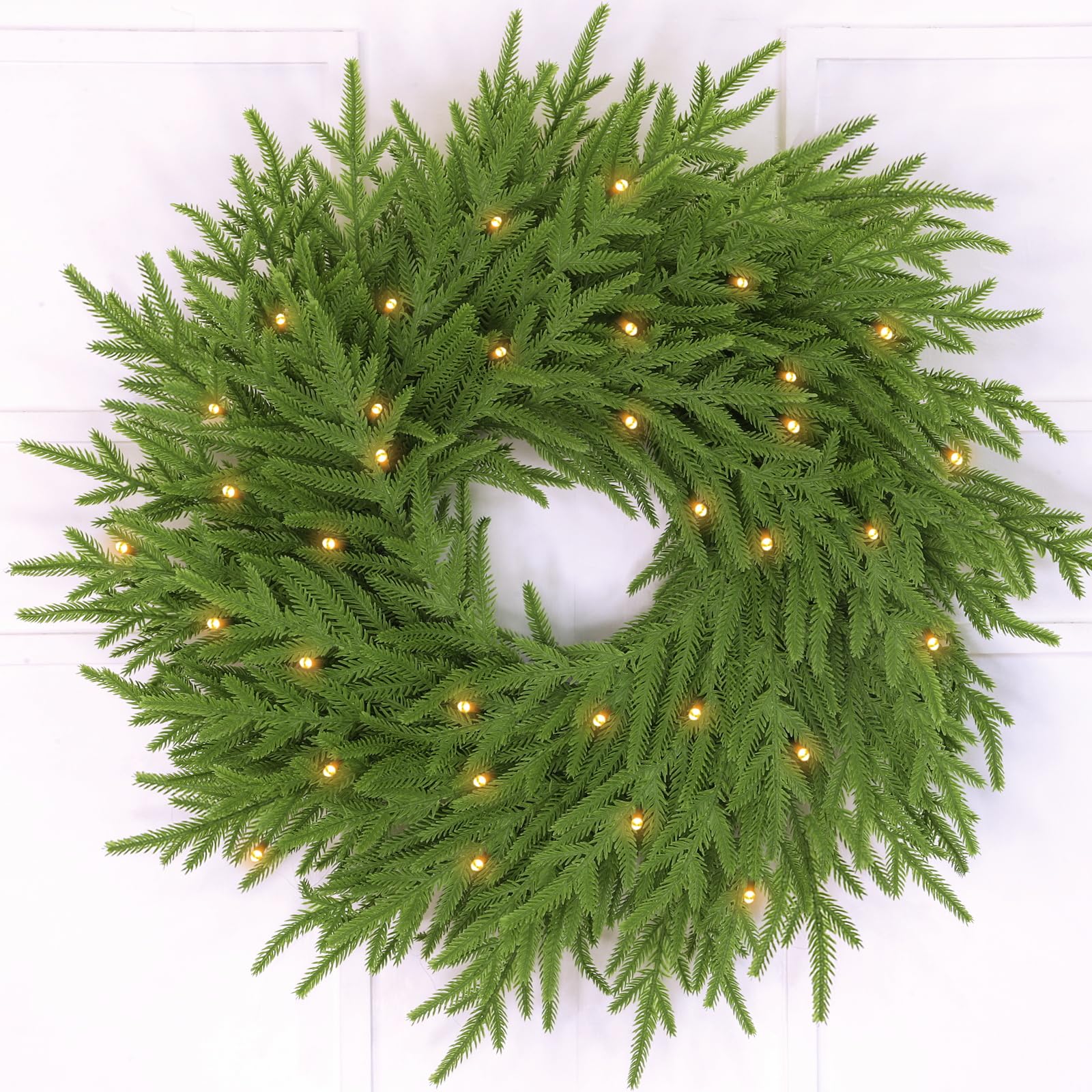 Photo 1 of 24" Lighted Large Christmas Norfolk Pine Wreath with 50 Warm White Lights, 8 Modes, Timer, Real Touch 85 Branch Tips, Battery Operated Christmas Door Wreath for Wall Window Home Indoor Outdoor Decor