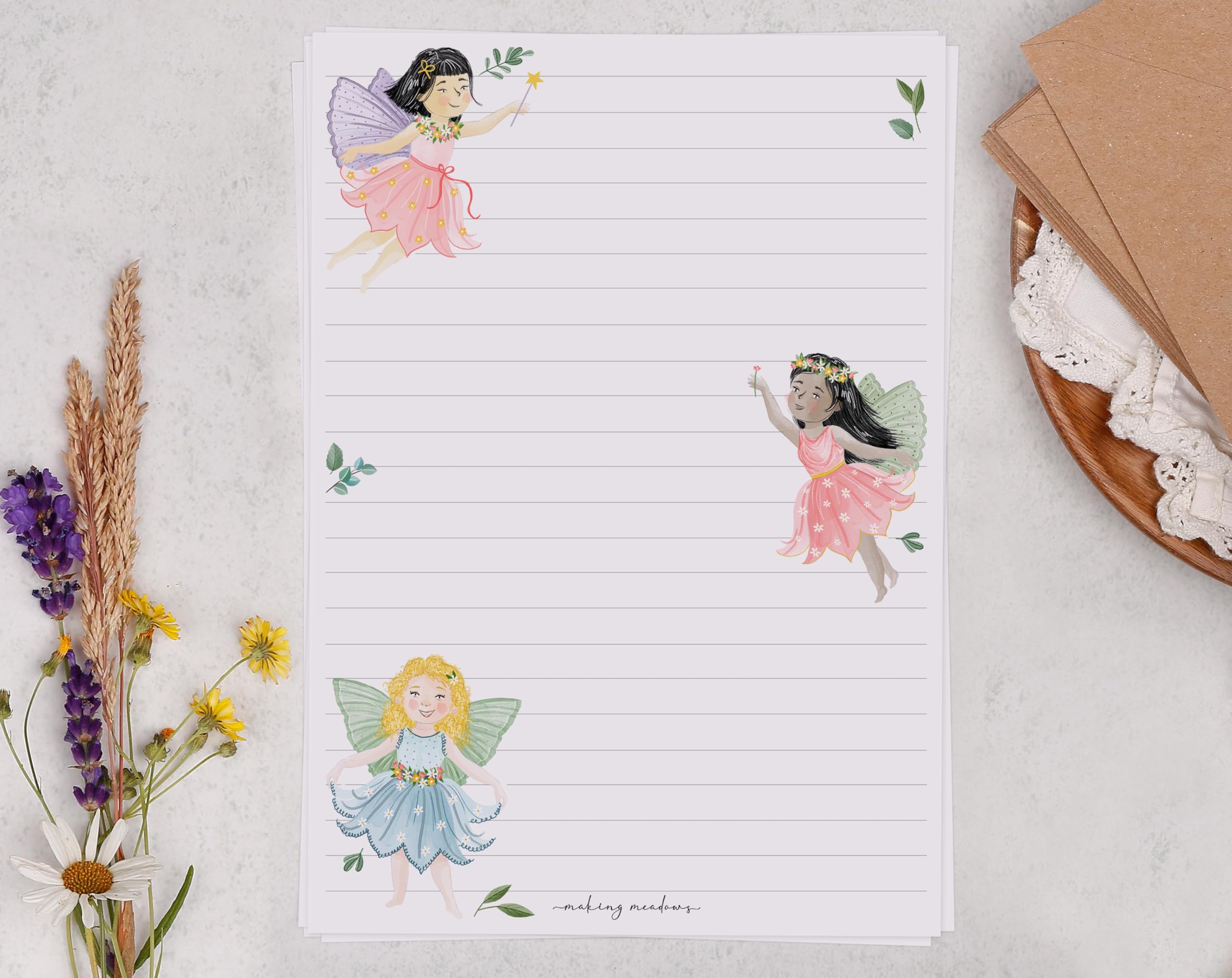 Making Meadows A5 Luxury Writing Paper Sets for Children, Lined Letter Writing Paper and Envelopes in Fairy Design (20 Sheets & 10 Envelopes)