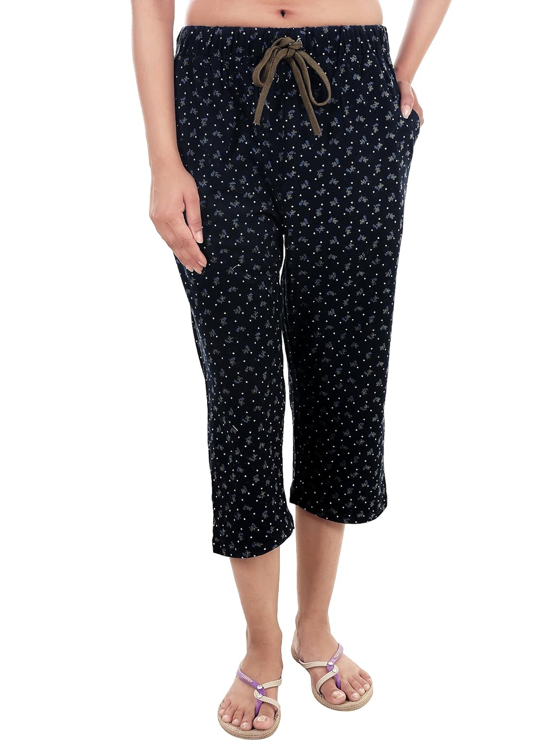 9teenagain women's hosiery night pyjama (navy blue & kale printed)