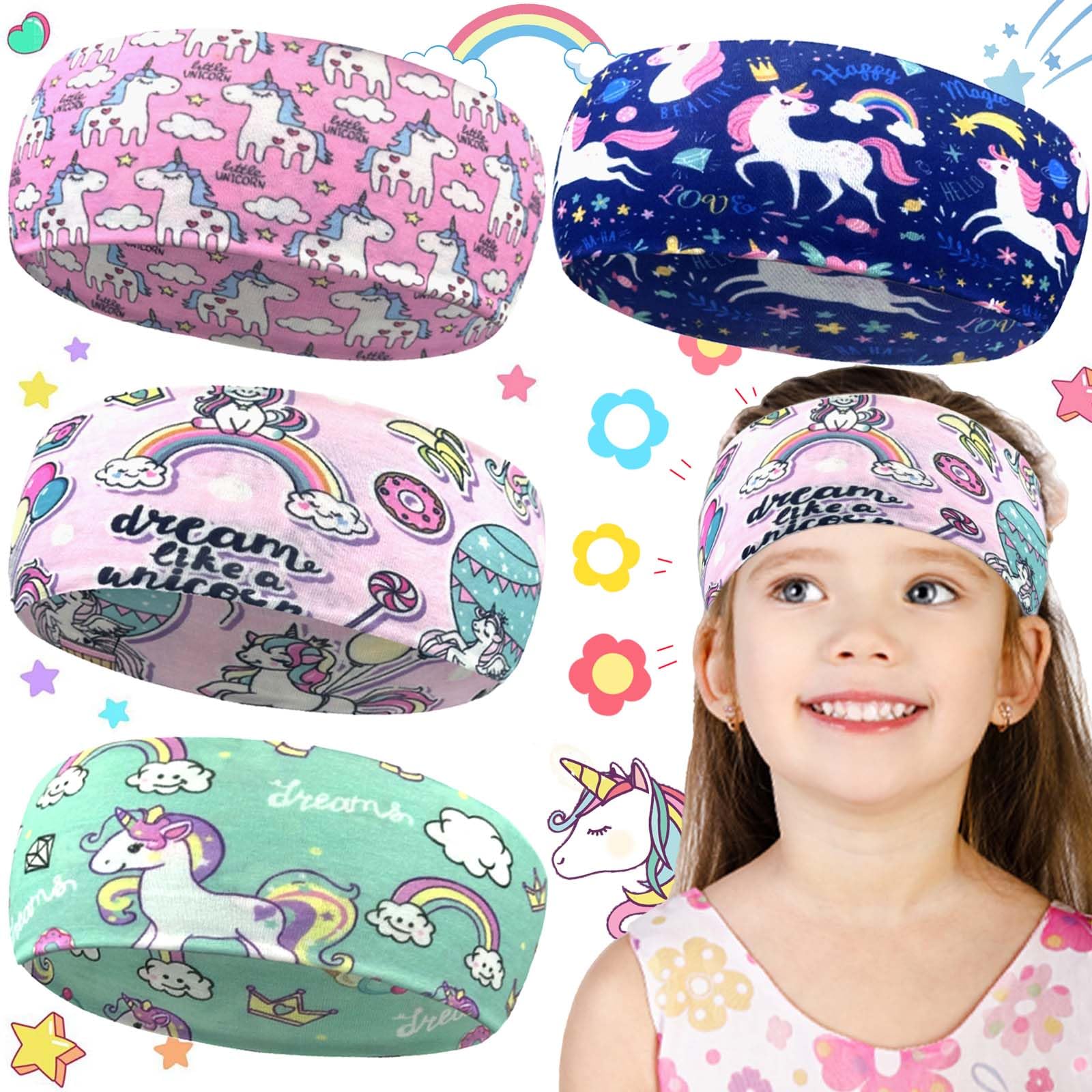 Soundzero Pack of 4 Children's Hair Bands, Elastic, Girls' Unicorn Headband, Hair Bands, Women's Soft, Multicoloured Girls Headbands, Children's Headband Girls, for Children 6-15 Years, Sports