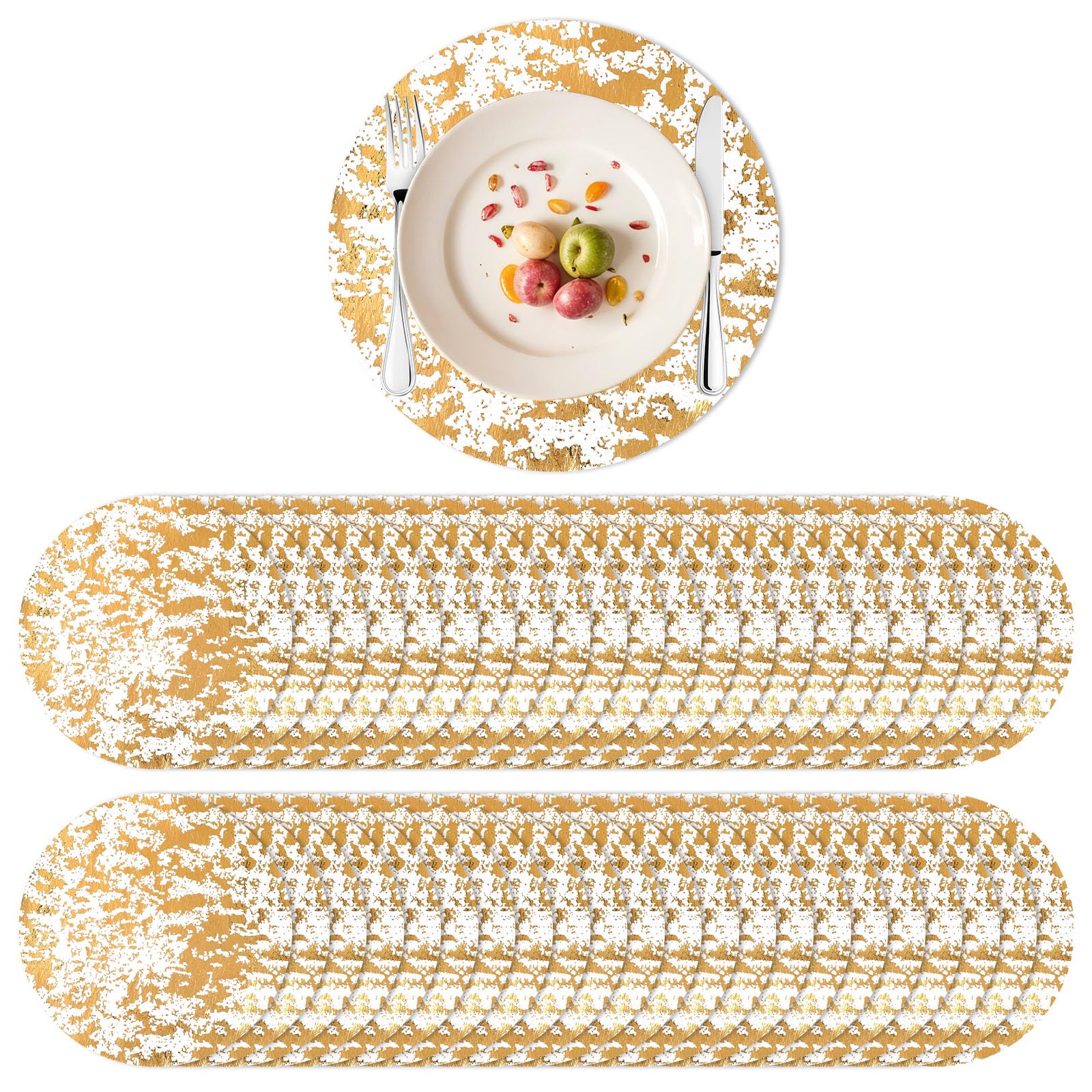Photo 1 of 120 Pcs Disposable Gold Placemats Set Round Gold Foil Mesh Pressed Table Doilies Metallic Thin Mesh Table Runner for Home Decoratio 13 Inch