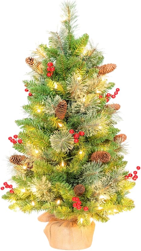 Amazon Com Amaoasis 3ft Pre Lit Artificial Pine Christmas Tree With 70 Warm White Lights Flocked With 12 Pinecones 12 Red Berries Home Kitchen 3ft Pre Lit Flocked Christmas Tree