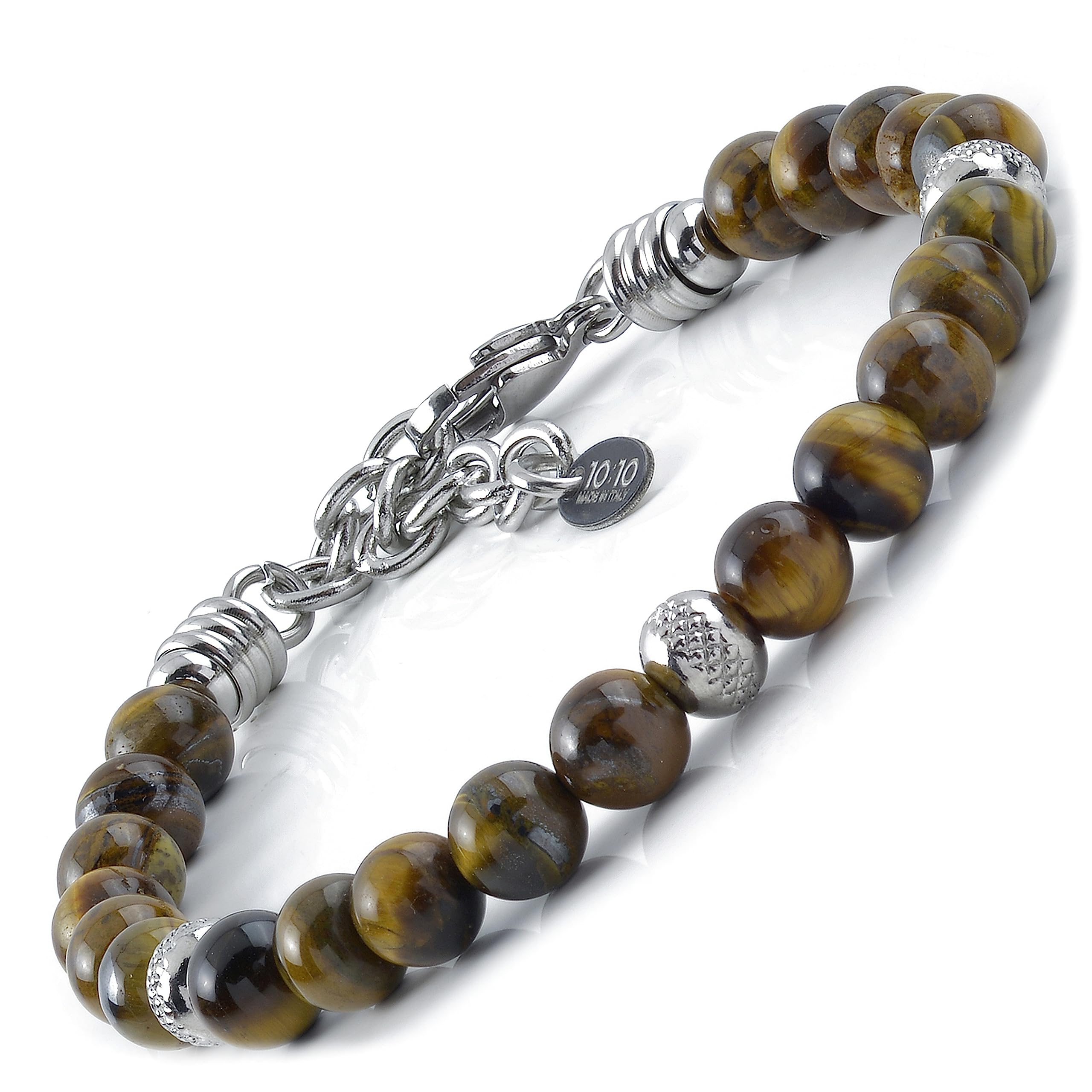 10:10 Jewels Men's and Women's Bracelet with 0,25 inch Natural Yellow tiger eye Stones, Male or Female Bracelet with Diamond Beads in Stainless Steel and Very Resistant, Made in Italy