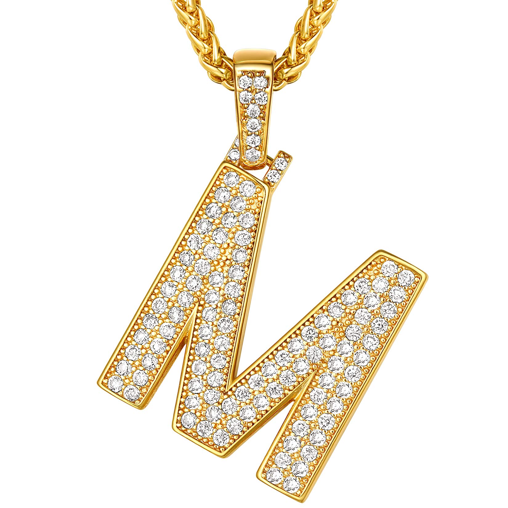 Suplight Chains for Men with Pendant, Mens Boys M Gold Necklace, Bling Hip Hop Jewelry, ICY Out Neckless, Gold Plated Initial Letter Pendant Necklace with Cubic Zirconia