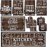 10 Pcs Farmhouse Kitchen Sets 4 Wood Kitchen Dish Towels 2 Brown Pot Holders 2 Oven Mitts Glove 2 Rustic Lake Non Slip Rugs and Mats for Floor Home Decorations Accessories Mom Gifts