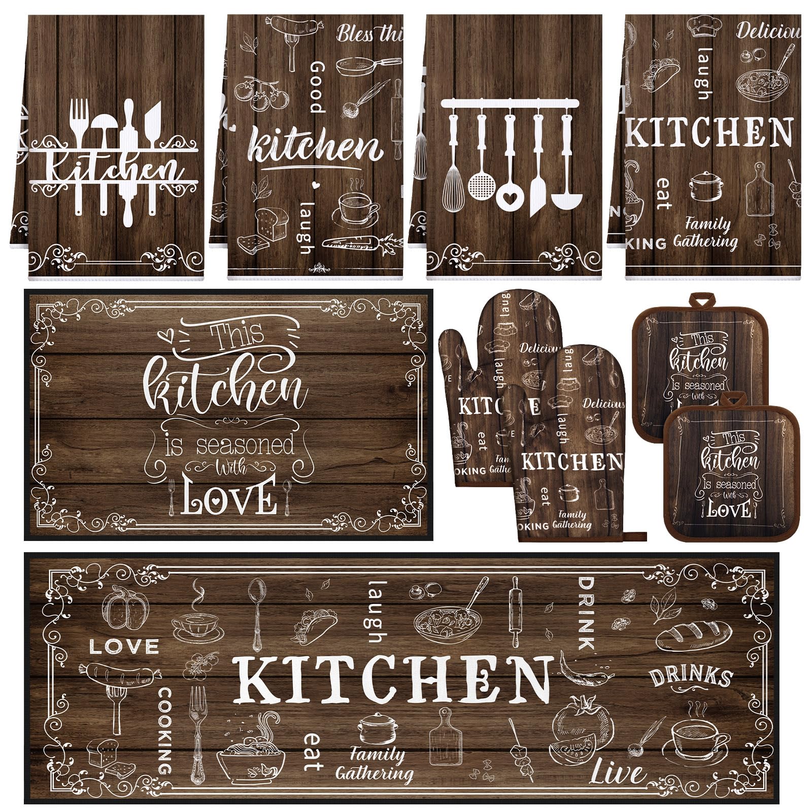 Photo 1 of 10 Pcs Farmhouse Kitchen Sets 4 Wood Kitchen Dish Towels 2 Brown Pot Holders 2 Oven Mitts Glove Rustic Lake Non Slip Rugs and Mats for Floor Home Decorations Accessories Mom Gifts