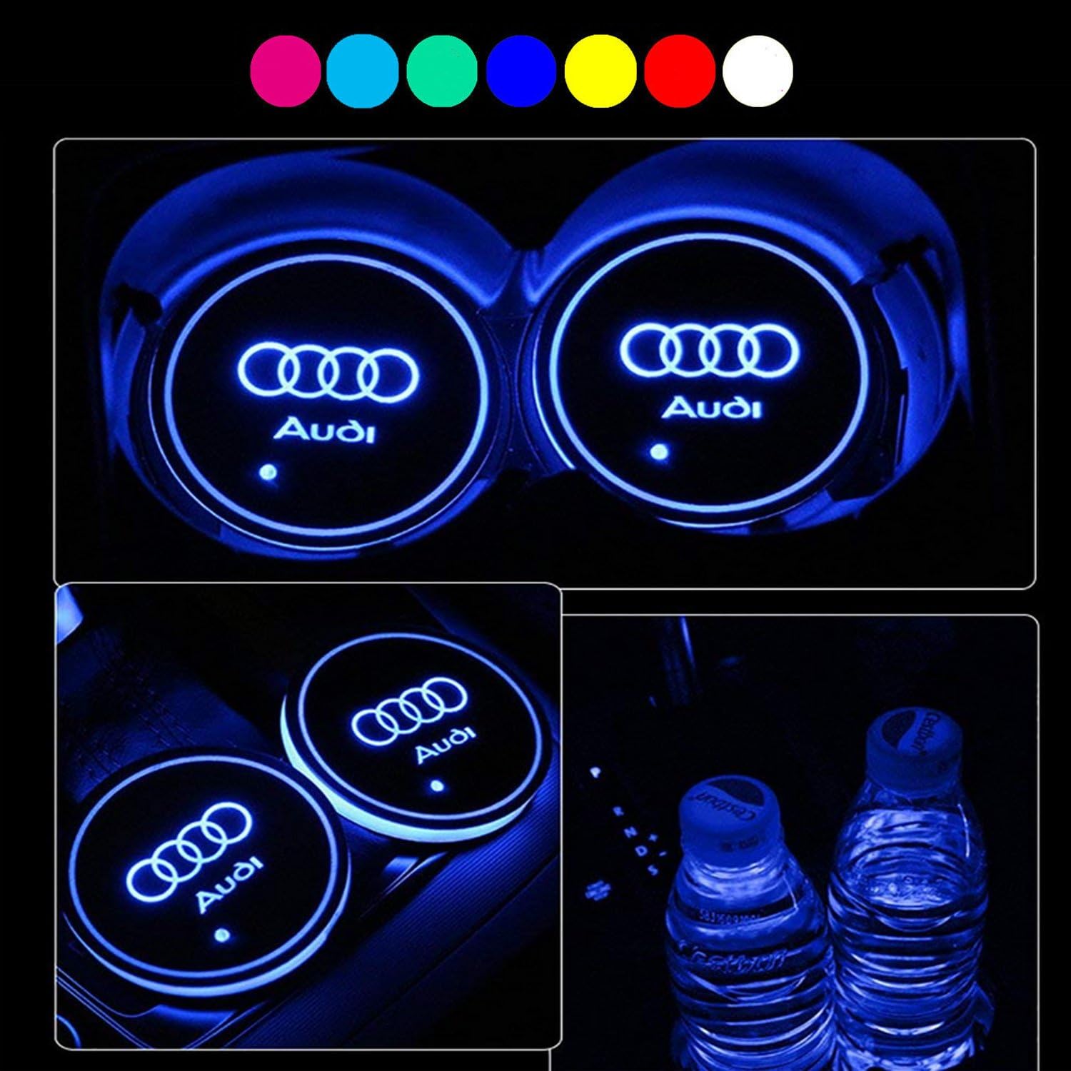 Lntly LED Car Logo Cup Holder Pad Waterproof Bottle Drinks Coaster Built-in Light 7 Colors Changing USB Charging Mat LED Cup Mat Car Atmosphere Lamp 2PCS