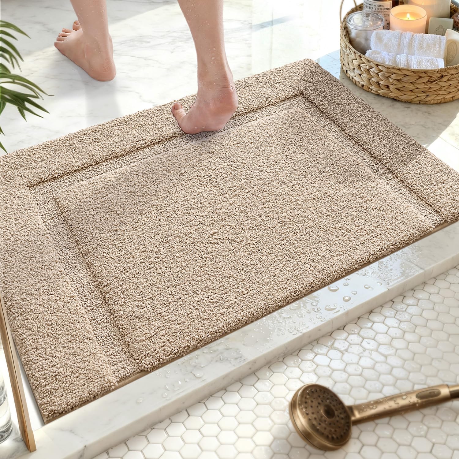 COLOR&GEOMETRY Large Bath Mat, Extra Soft Bathroom Mat Non Slip Bath Mat, Water Absorbent Fast Drying Bath Mats for Bathroom and Tub, 61x92 cm Beige