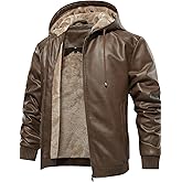 FANARCHER Men’s Faux Leather Jacket Fleece Padded Bomber Motorcycle Jacket with Hood