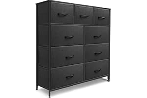 Sonharlar Dresser for Bedroom with 9 Drawers, Chest of Drawers, Storage Drawers Organizer Unit, Black Wide Fabric Dresser with Fabric Bins for Closet, Living Room, Entryway (Charcoal Black)