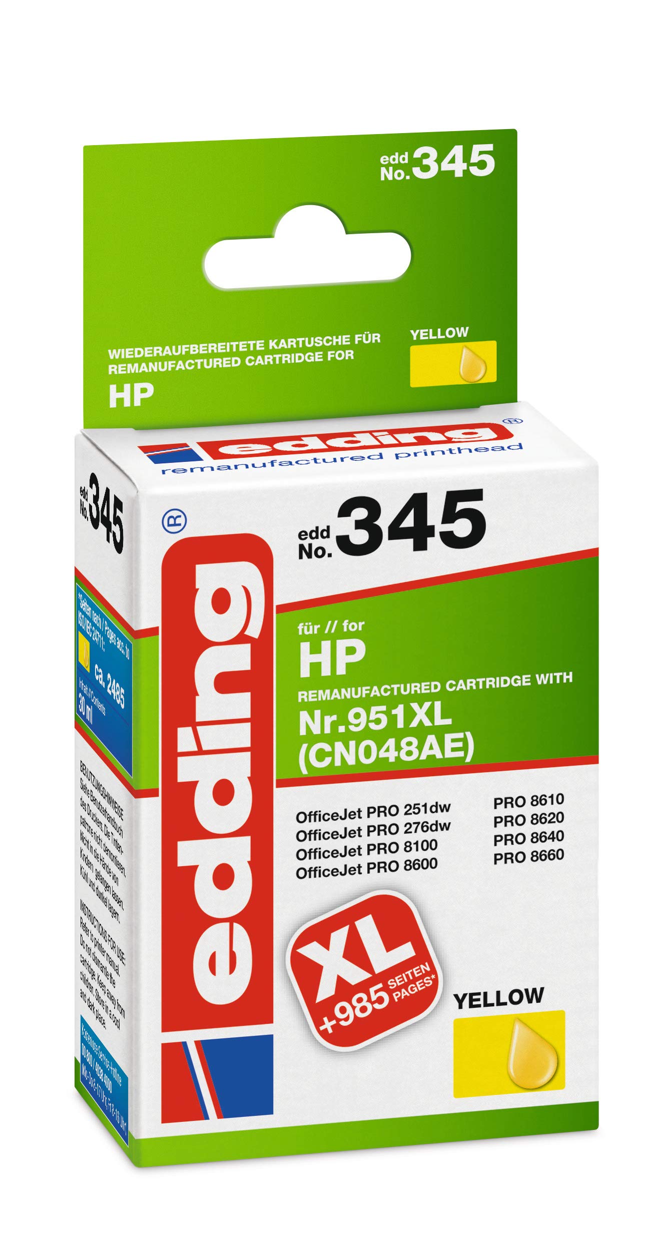 Edding EDD-345 Ink Cartridge Replaces HP 951XL (CN048AE) - Yellow - 30 ml