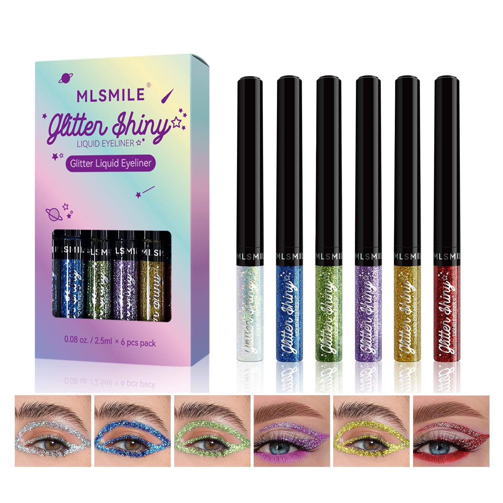 Liquid Glitter Eyeshadow Set, 6Pcs Metallic Shimmer Eye Shadows Eyeliner Pen, Sparkly Liquid Eyeshadow Stick, Long Lasting Colored Liquid Eyeliner Set Metallic Eye Glitter Makeup (A)