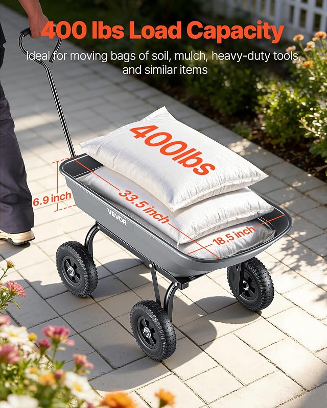 Carrello Ribaltabile per Giardinaggio Carico di 181 kg, con Meccanismo di Scarico Rapido, Ruote Girevoli, Cuscinetti Rotanti Flessibili, Carrello da Giardino per Piante, Terreno, Colture