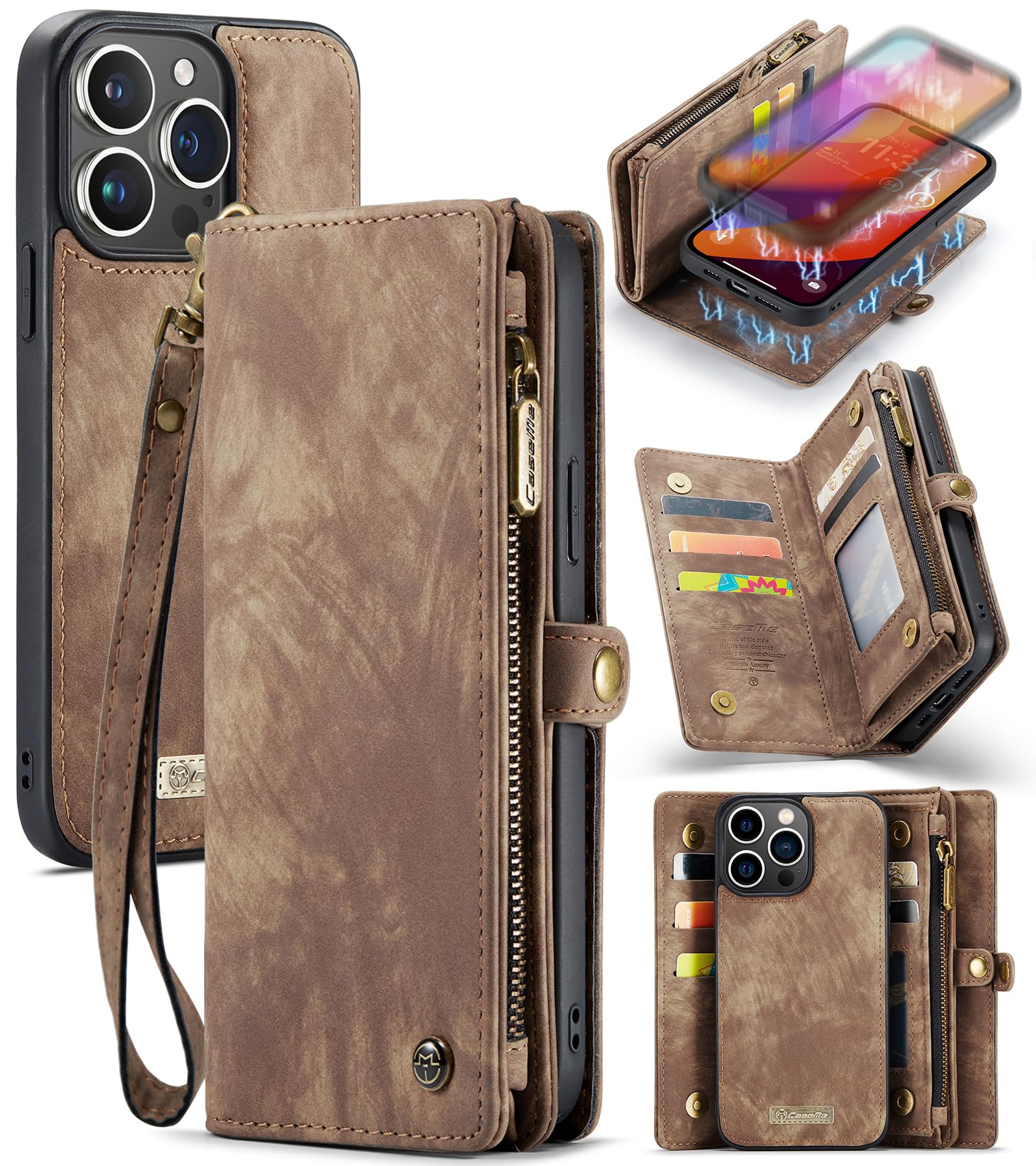 UFinetech for iPhone 15 Pro Max Case, Shockproof Card Holder Leather Wallet Cover for iPhone 15 Pro Max, Flip Bumper Magnetic Detachable Zipper Slots Strap Anti-Scratch Luxury Purse Holster, Brown