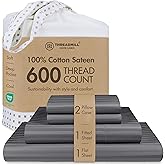 Threadmill 100% Cotton Sheets for King Size Bed - 600 Thread Count King Bed Sheets Set with 16” Deep Pocket - Damask Stripe Sateen Weave 4-Piece Bedding Set with Cooling Effect, Dark Grey