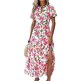 MASCOMODA Summer Maxi Dresses for Women 2026 Casual V Neck Puff Short Sleeve Smocked Flowy Beach Boho Long Floral Dress