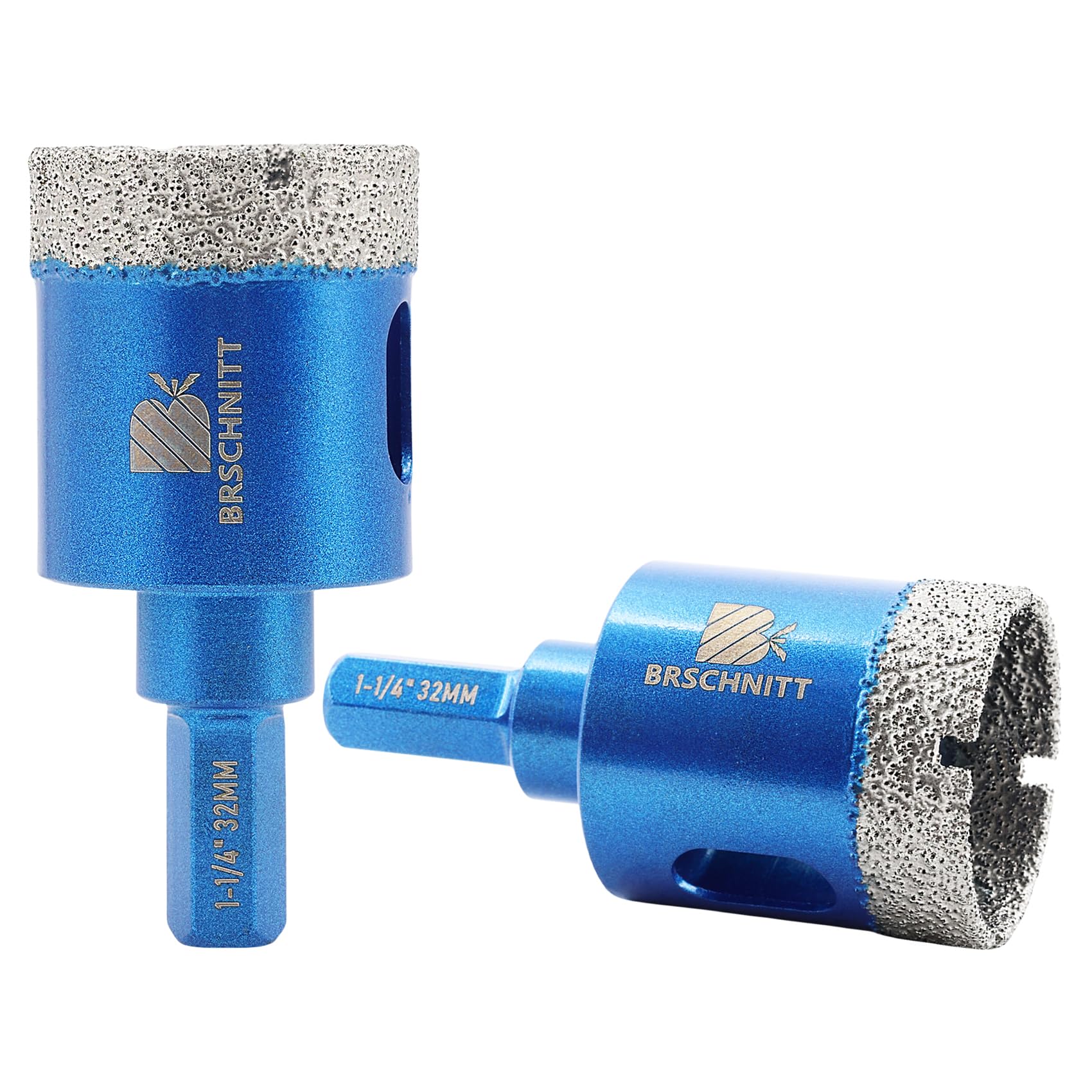 Dry Diamond Core Drill Bit Set,BRSCHNITT 2pcs 32mm Diamond Hole Saw Core Drill Bit with Hex Shank for Porcelain Tile Ceramic Stone Granite Marble