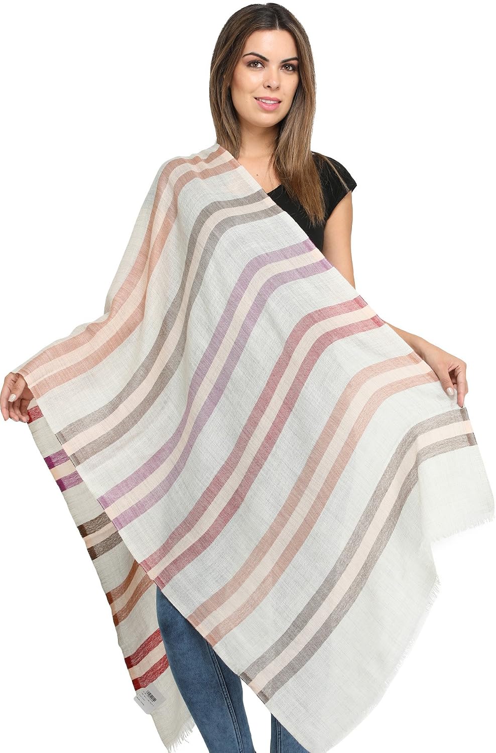 exotic india fine pure wool stole with woven stripes in multicolor thread