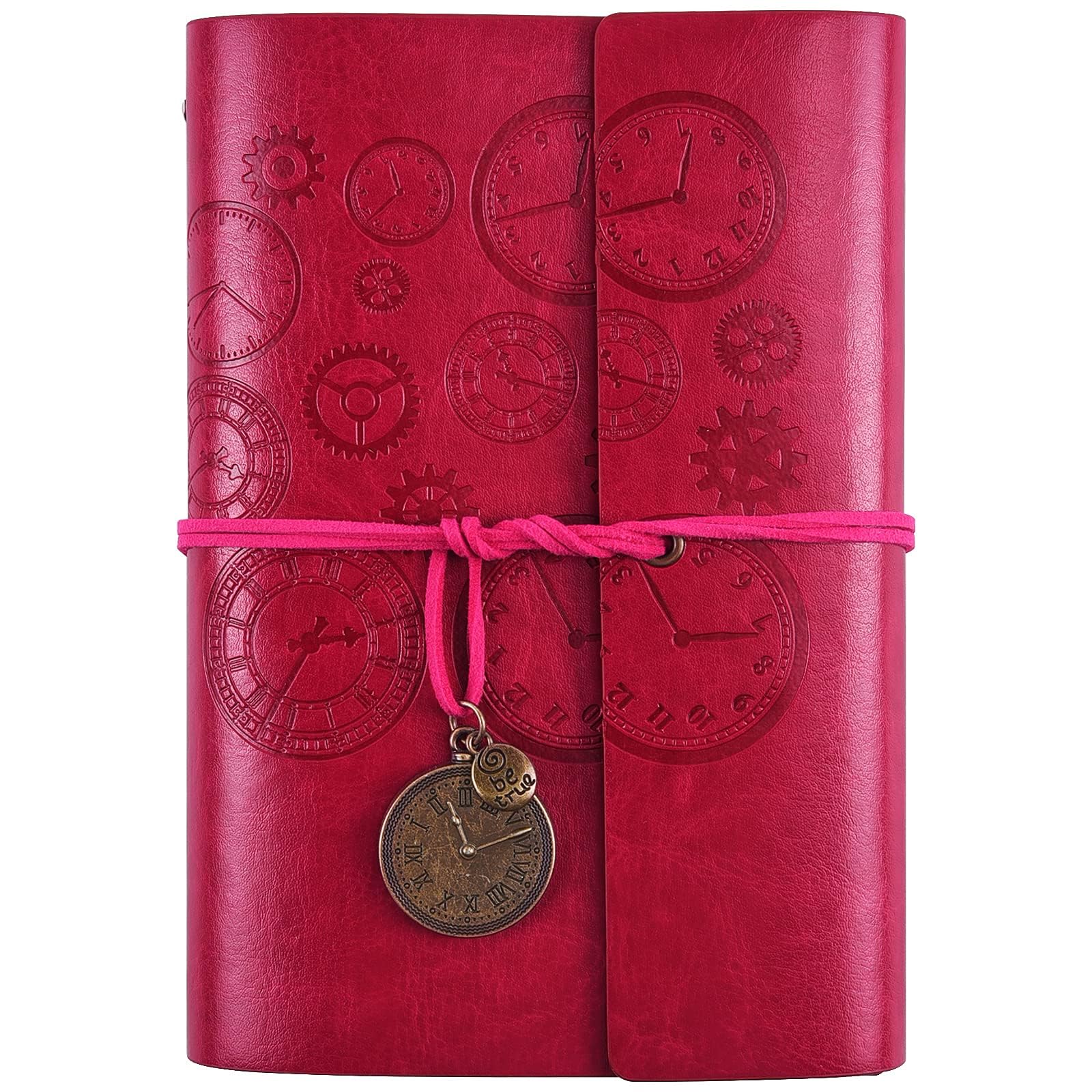 Leather Notebook, Refillable Journal Notebook with Lined Pages Vintage Writing Travelers Notebook Spiral Bound Journal, Gift for Men and Women Classic Embossed Retro Pendants 18 x 13 cm（A6, Rose Red)