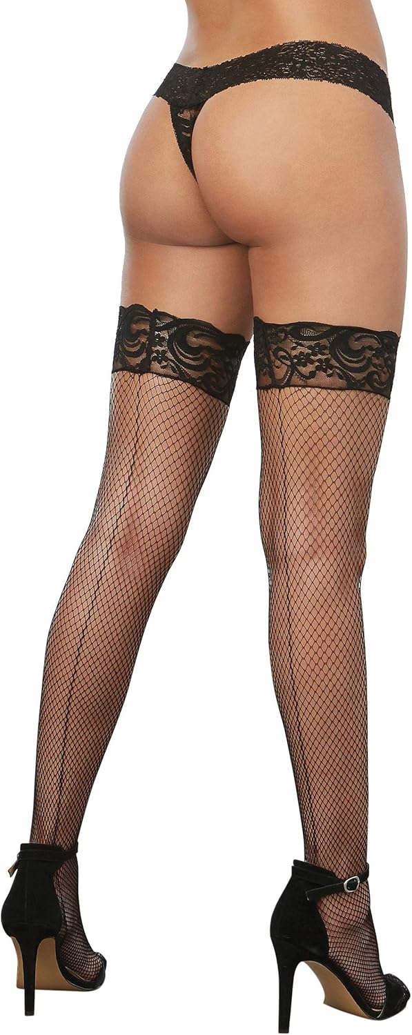 Dreamgirl Women's Fishnet Thigh-High Stockings with Silicone Lace Top, Black, One Size: Thigh High Stockings: Clothing
