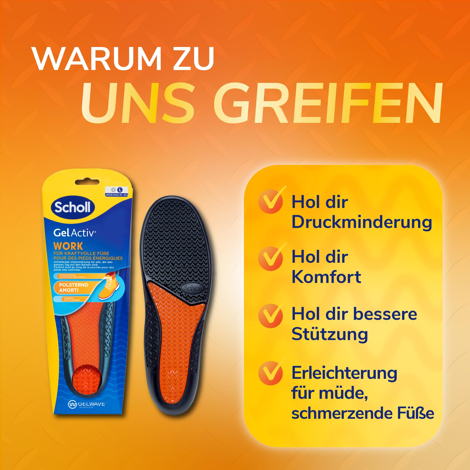 Scholl GelActiv Work Einlegesohlen für Männer, ganztägiger Komfort bei der Arbeit, hält die Füße frisch und kühl, Stoßdämpfung und komfortable Polsterung mit GelWave-Technologie, Größe 40.5-46 9