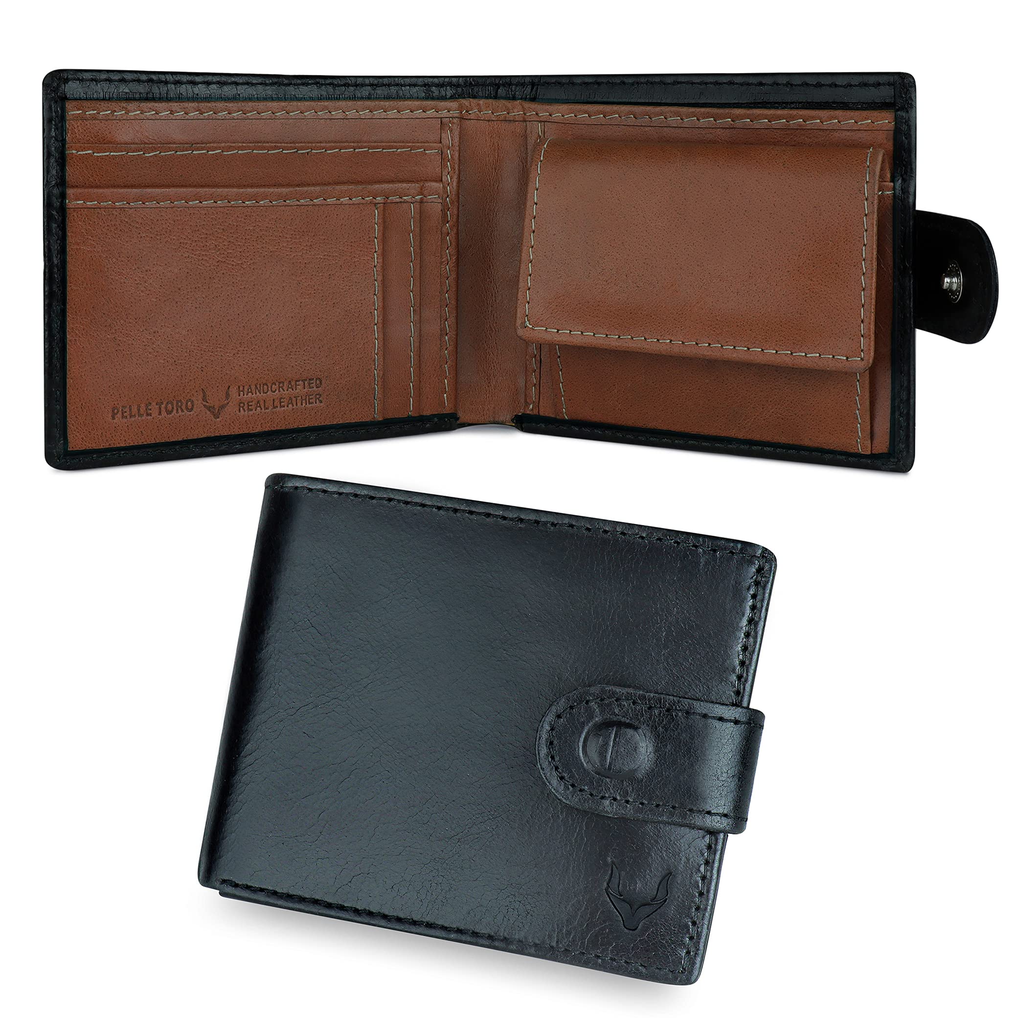 PELLE TORO All-in-One Handmade Mens Wallet with RFID Blocking, Coin Pocket, Fine Leather Card Wallet for Men with 8 Slots and Zip Section, in Wooden Mens Gift Box, Black & Brown