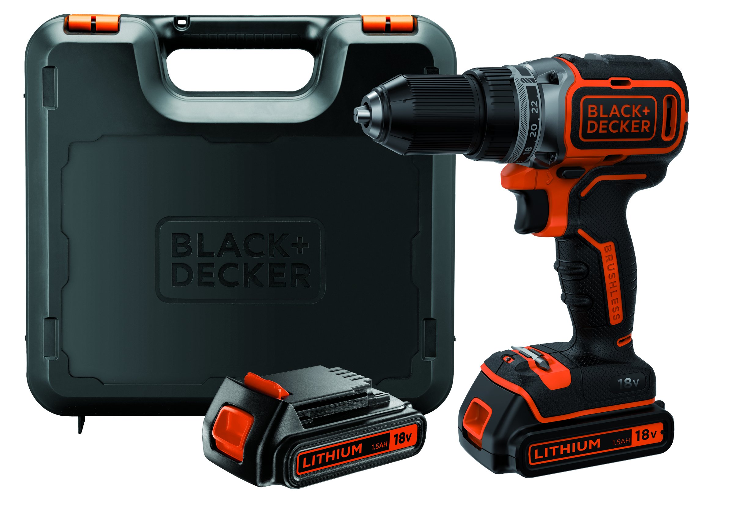 Black + Decker bl186kb-qw Brushless Drill/Driver with Double Lithium Battery, 18 V, 1.5 Ah, in case, Orange, BL186KB-QW, 18 voltsV