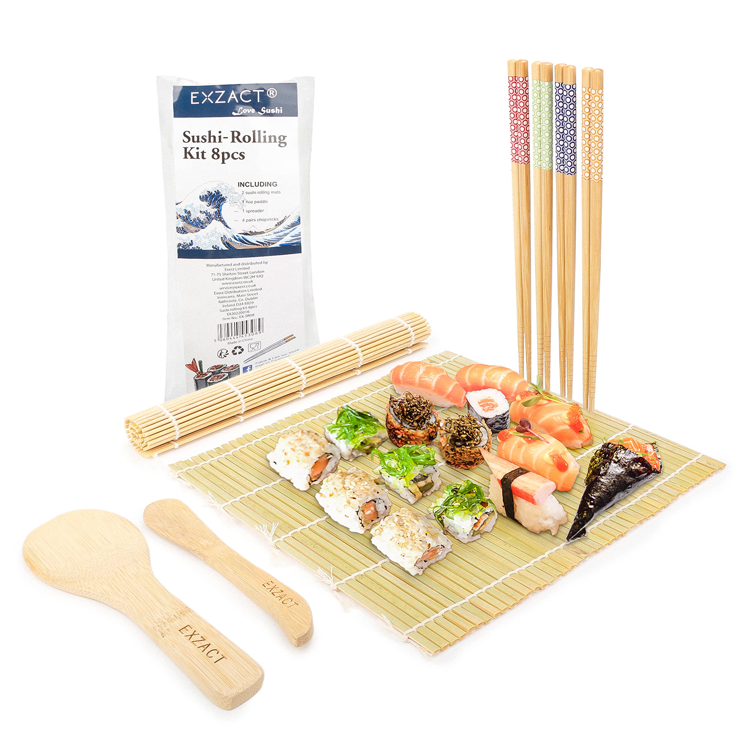 EXZACT Sushi Rolling Kit 8pcs Sushi Maker - 2 x Sushi Rolling Mats, 1 x Rice Paddle, 1 x Rice Spreader, 4 x Pairs Chopsticks - All Natural — image 1