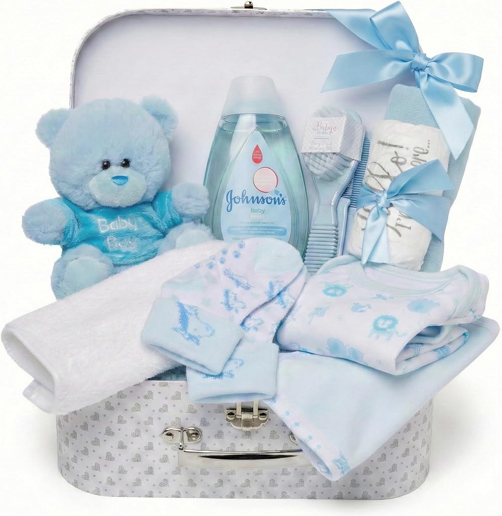 Baby Box Shop Newborn Baby Boy Gift Hamper Set with Blue Teddy Box Keepsake